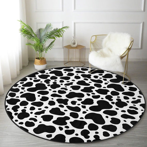 Cow Print Round Rug Black White Circle Farmhouse Carpet - Et