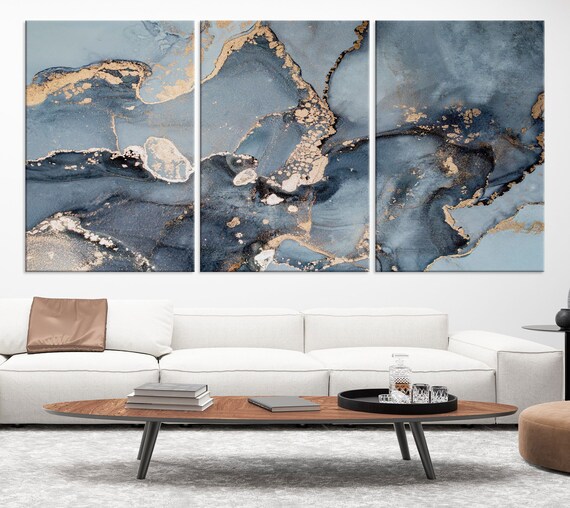 Blue Marble Fluid Effect Large Wall Art Modern Abstract Canvas - Et