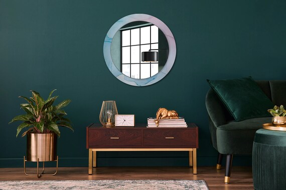 Modern Marble Texture Blue Round Mirror Frame Mirror - Et