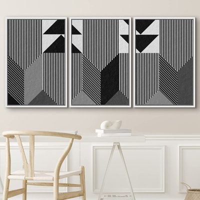 IDEA4WALL Framed Wall Art Print Set Geometric Black 3D Illusion .