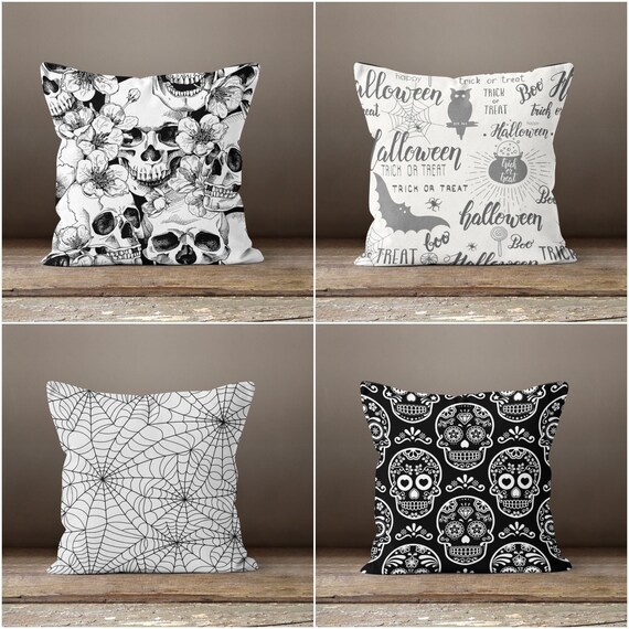 Halloween Pillow Casegray Skulls Pillowblack White Cushion - Etsy .