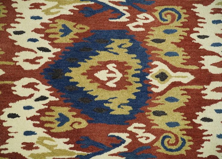 5x8 Hand Tufted Blue and Red Modern Ikat traditional Wool Area Rug .