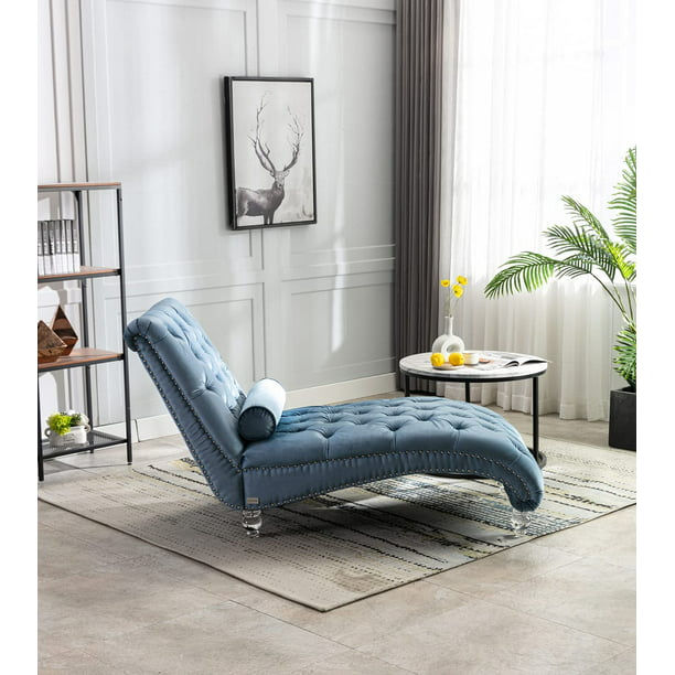 Velvet Chaise Lounge Chair with Toss Pillow, Modern Tufted Button .