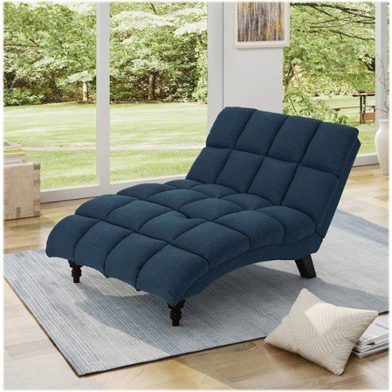 Noble House Oakwood Fabric Tufted Double Chaise Lounge Navy Blue .