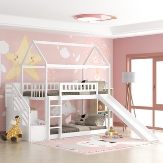 Twin Over Twin House Bunk Bed with Storage Stairs, Drawers and .