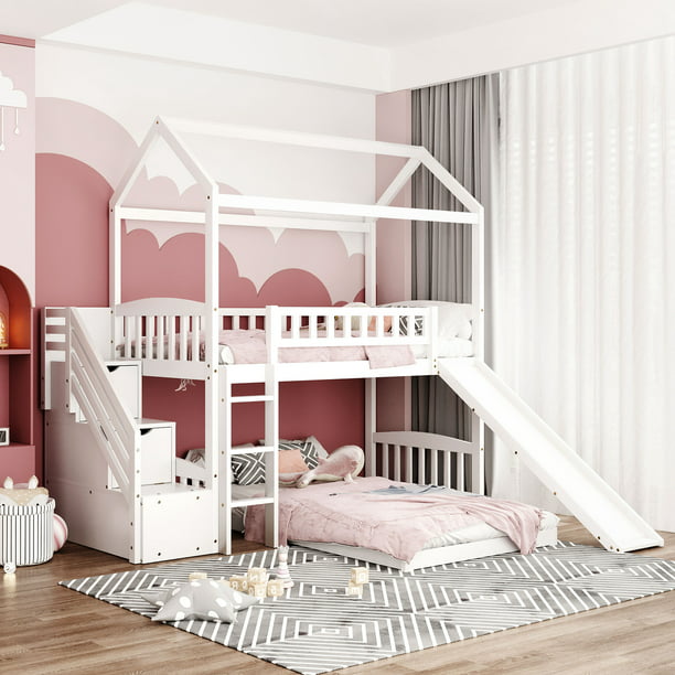 Bunk Bed with Slide, Solid Wood Twin Bed Frames with 2 Drawers and .