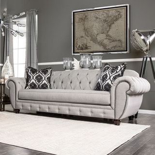 Furniture of America Ponn Traditional Grey Linen Fabric Tufted .