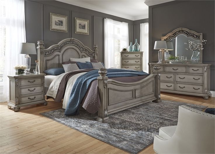 Messina Estates Poster Bed 6 Piece Bedroom Set in Dove Gray Finish .