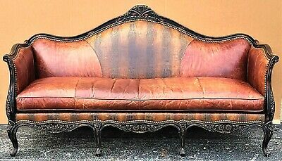 French Provincial Distressed Leather and Fabric Sofa by PALADIN .