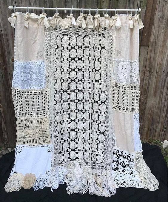 Curtain from vintage lace pieces | Cottage chic bathroom, Shabby .