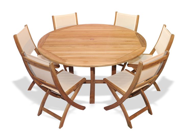 Teak Outdoor Dining Set 60in round table and 6 Sling Side Chairs .