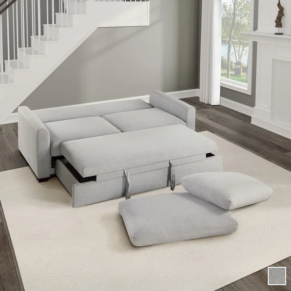 Eunice Grey Fabric Convertible Studio Sleeper Sofa with Pullout .