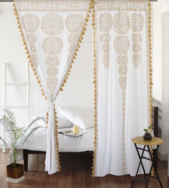 White Gold Mandala Medallion Moroccan Window Curtains Tapestry .