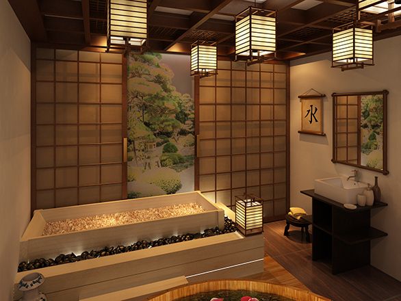 Japanese style bath, lanterns | Japanese bathroom design, Japanese .
