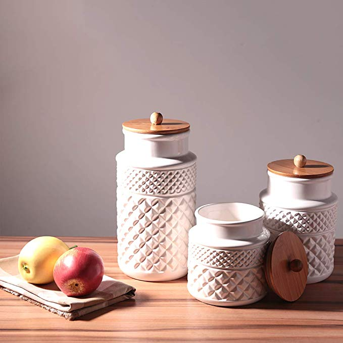 Ceramic Food Storage Jar with Airtight Seal Wooden Lid - Modern .
