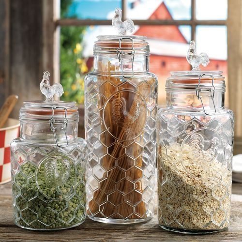 Set of 3 Glass Rooster Canister Assorted Size Jars with Lid .