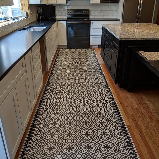 Vinyl Area Rug With Moroccan Tiles Design in Blue and Beige .