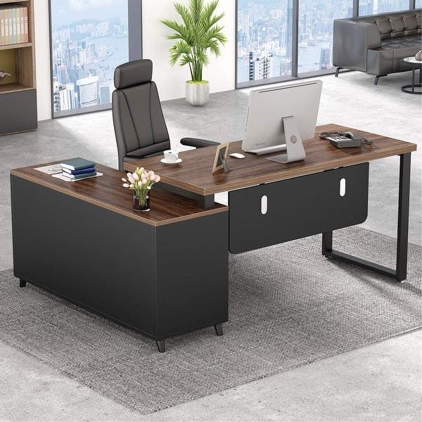 L-Shaped Computer Desk Executive Office Desk with File Cabinet and .