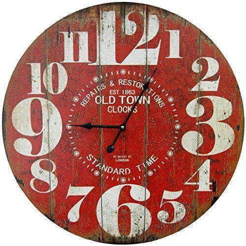 Round Red Decorative Wall Clock With Big Numbers and Distressed .