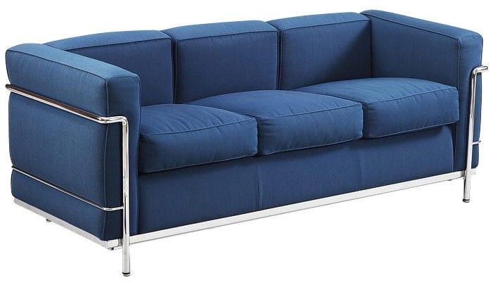 LC2 sofa in steel and blue fabric, LE CORBUSIER, PERRIAND and .