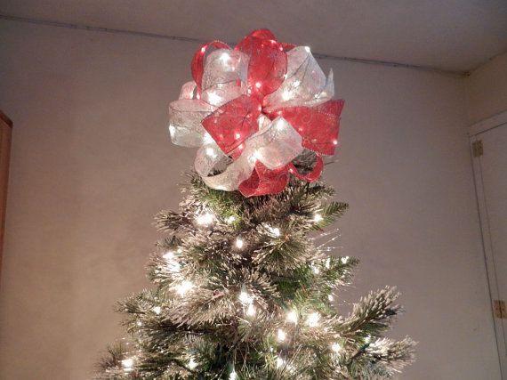 LIGHTED Christmas Tree Topper Bow Red and White Ribbons With .
