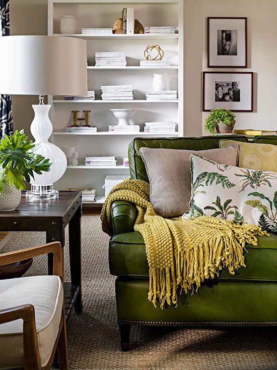 So-Quick Decorating Tricks for an Instant Update | Green sofa .