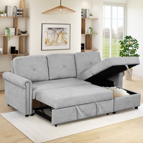 83" Modern Convertible Sleeper Sofa Bed With Storage Chaise, Gray .