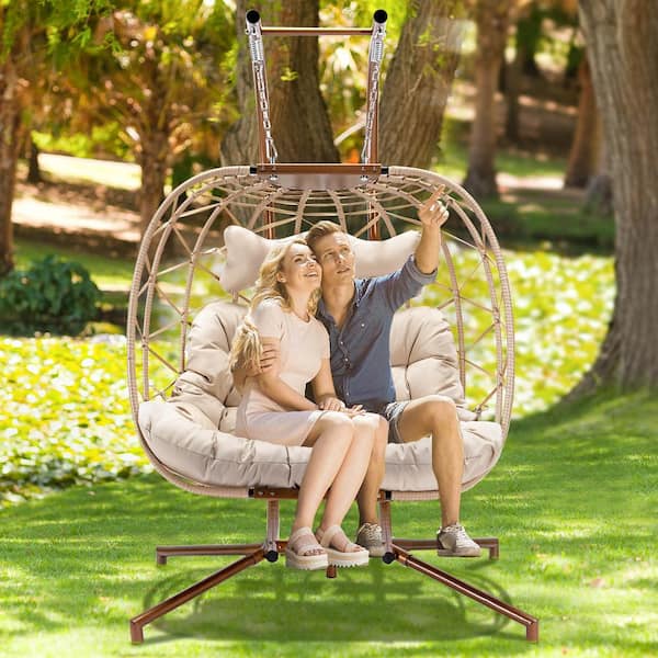 NICESOUL X-Large 2 Person 510 lbs. Beige Wicker Double Egg Chair .