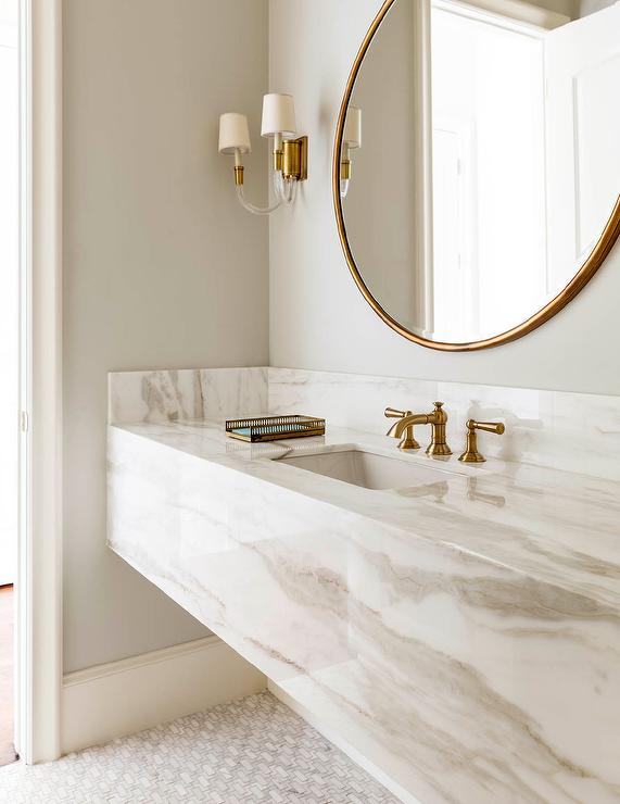 White and Gold Bathroom with Marble Floating Vanity - Contemporary .