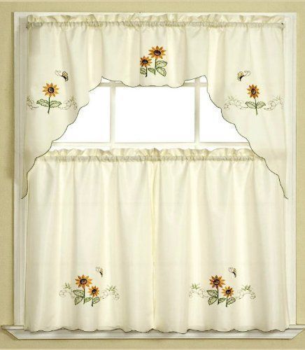 3pc Beige+Yellow Sunflower and Butterfly Kitchen/Cafe Curtain Tier .