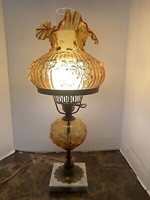 Vintage Fenton Amber Ruffled Top Table Lamp On Brass & Italian .