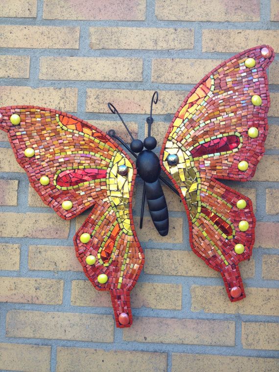 Butterfly wall art glass mosaic outdoor metal wall art Red | Etsy .