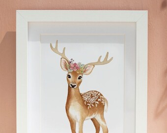 Deer Illustration Woodland Nursery Art Flower Crown Deer - Et