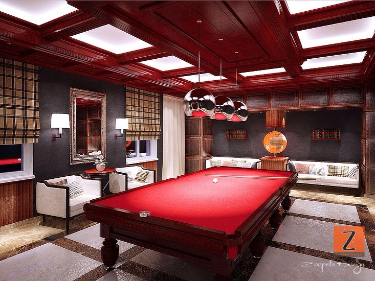 Red billiard room | Pool table room, Billiard room, Pool house desig