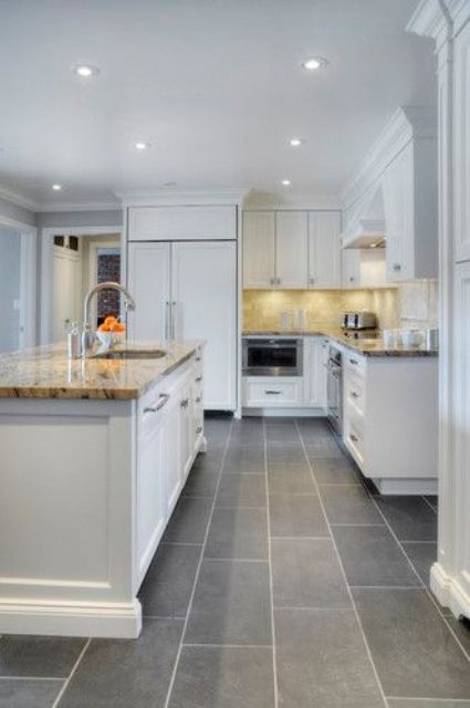 modern kitchen with grey floor tiles | Grey kitchen floor, Modern .