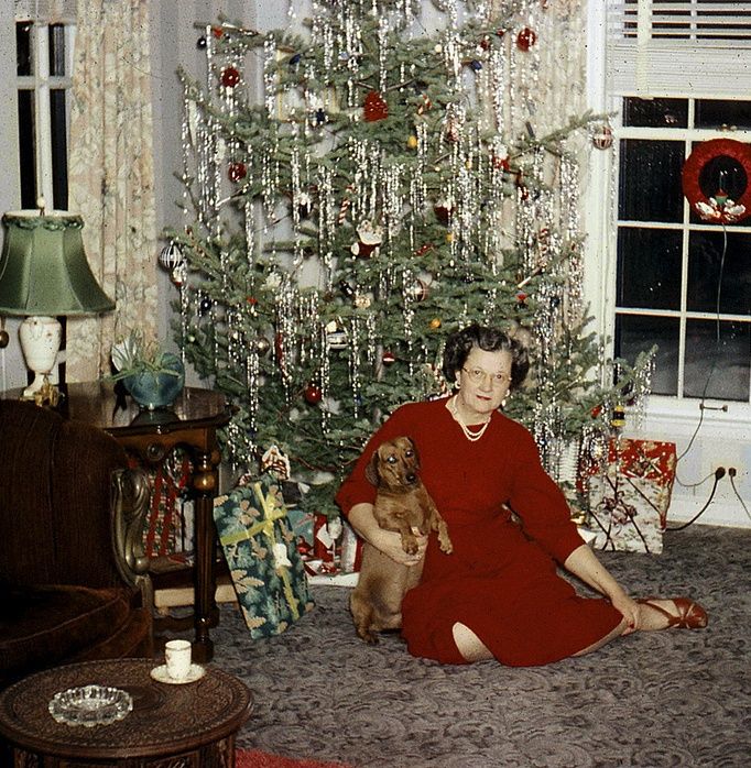 Christmas Tree 1950s | Vintage Photograph ~+~+ Lady in crimson red .