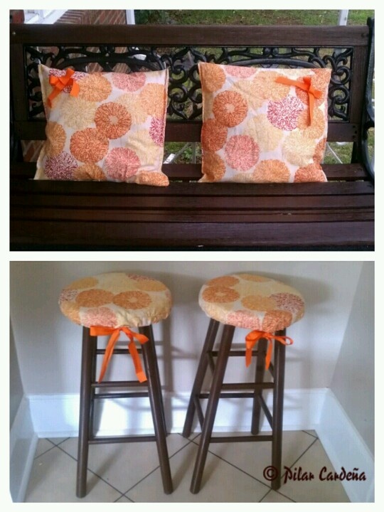 DIY : Bar stool cover cushion made out of a handmade shower Curtin .