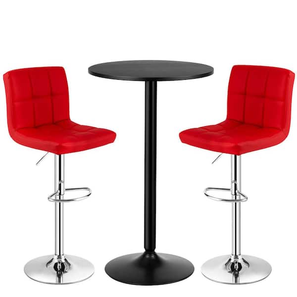 Gymax 24 in. Round Bar Table and 2-Adjustable Bar Stools Red Pub .