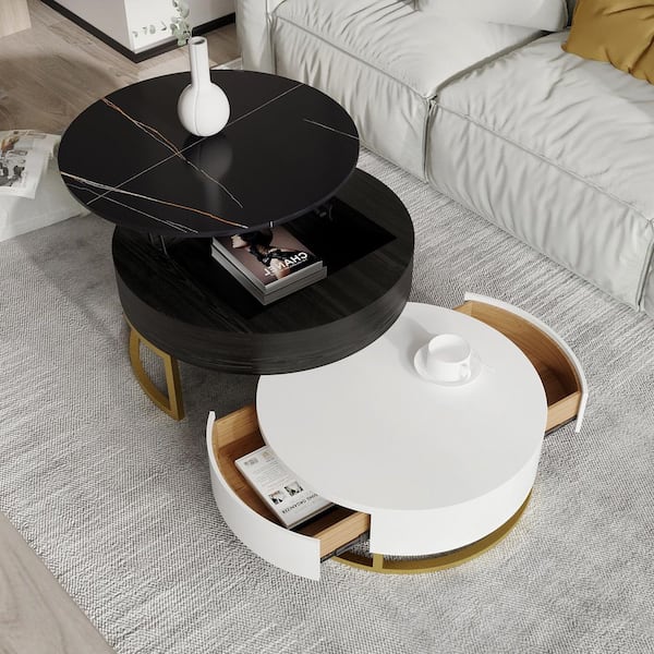 J&E Home 31.5 in. White and Black Round Lift Top Wood Coffee Table .