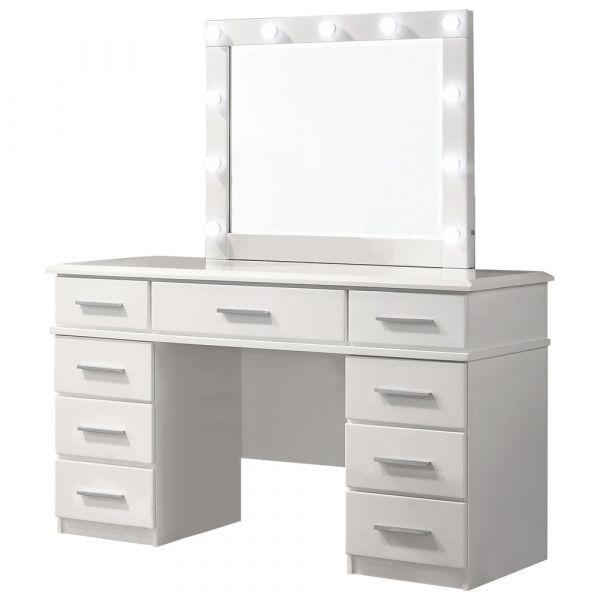 Felicity 9 Drawer Vanity Desk with Lighted Mirror in Glossy White .