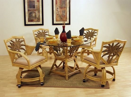 4 Rattan dining room chairs with casters and glass table | Home .