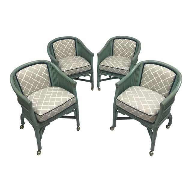 Vintage Seafoam Blue Rattan Chairs With Casters - Set of 4 | White .
