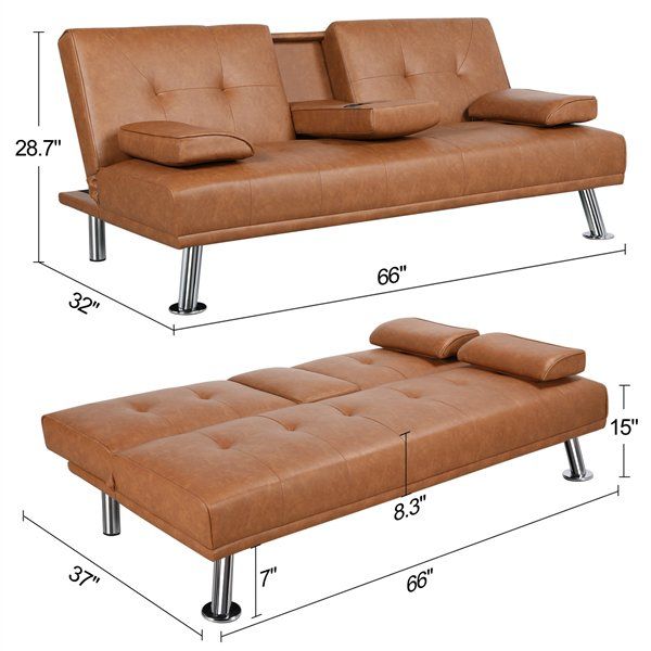 LuxuryGoods Modern Faux Leather Futon with Cupholders and Pillows .