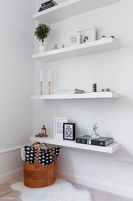 A chic 42 spm apartment in Sweden | Shelves in bedroom, White .