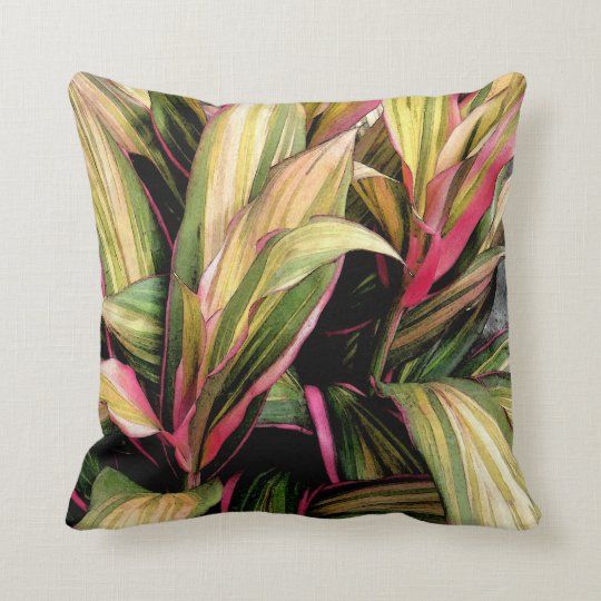 TROPICAL PLANT/CORDYLINE/GREEN YELLOW AND PINK COL THROW PILLOW .