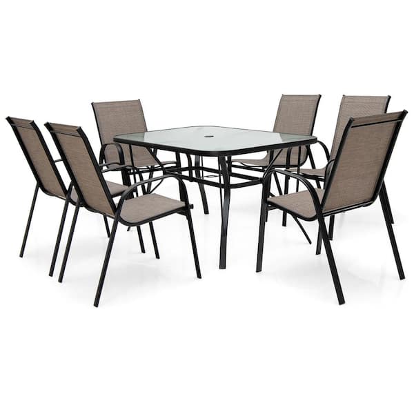 Costway 7-Piece Metal Outdoor Dining Set 6 Stackable Chairs Glass .
