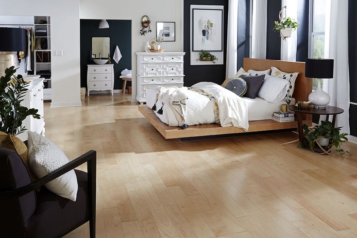 Modern, Black and White, Bedroom with Engineered, Maple Hardwood .