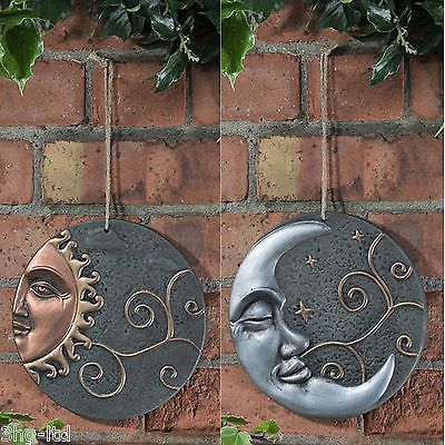 Ceramic Garden Wall Plaque Sun OR Moon Design Outdoor Ornament Art .
