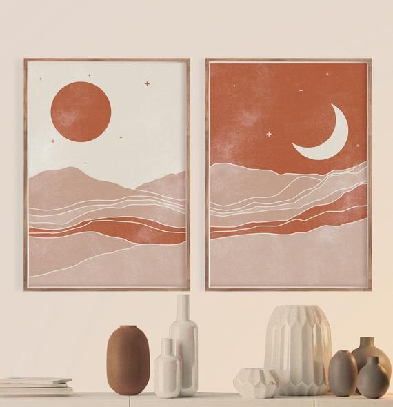 Mid Century Modern Sun and Moon Print Set of 2 Prints Abstract .