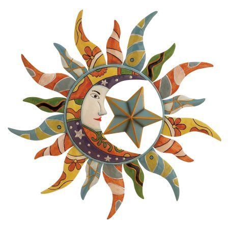 DecMode Multi Colored Metal Indoor Outdoor Sun and Moon Wall Decor .